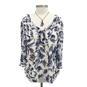 Elle Womens XL White Floral Sheer Peasant Blouse Boho Lightweight 3/4 Sleeve